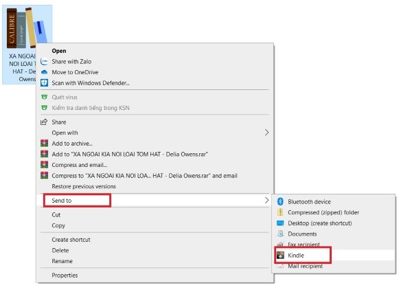 Chọn tài liệu muốn gửi và nhấn chuột phải để chọn Send to Kindle