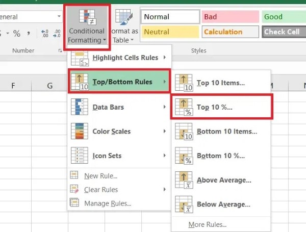 Truy cập tab Home, nhấn Conditional Formatting