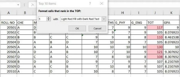 Kết quả hiển thị các giá trị cao nhất được tô màu đỏ