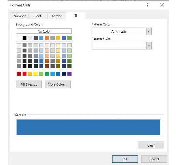 Sử dụng các tab Font, Border, và Fill trong cửa sổ Format Cells
