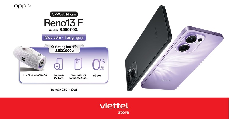 Đặt trước OPPO Reno13 F giá chỉ từ 8.990.000đ cùng quà tặng hấp dẫn tại Viettel Store