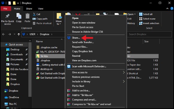 Bạn nhấn chuột phải vào tệp và chọn Share