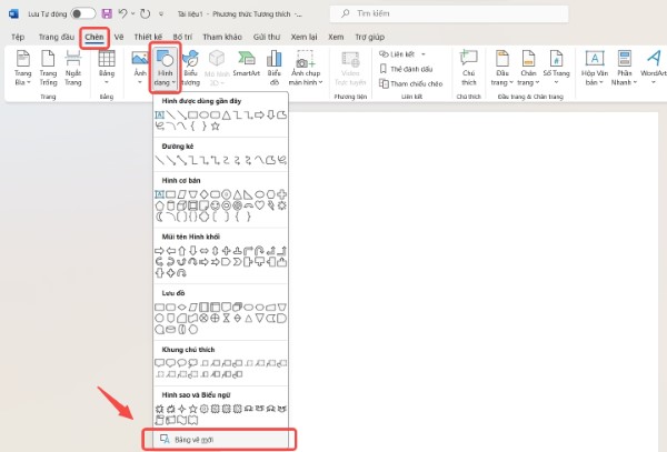 Chọn tab “Chèn”, sau đó nhấp vào “Hình dạng” và chọn “Bảng vẽ mới”