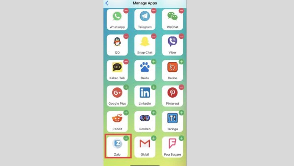 Chọn thêm ứng dụng Zalo vào giao diện