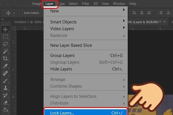Nhấp vào Layer, sau đó chọn Lock Layers… hoặc sử dụng phím tắt Ctrl +