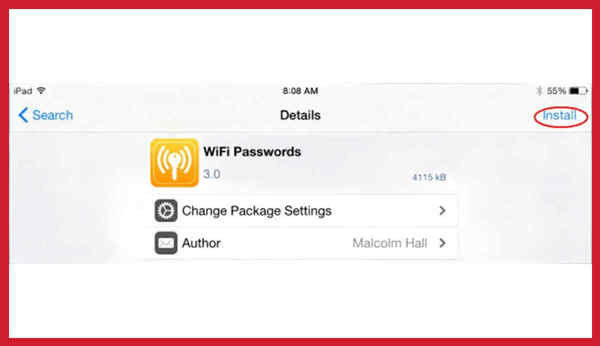 Giao diện cài đặt ứng dụng Wi-Fi Passwords trên iPhone đã Jailbreak, nhấn Install để tải và sử dụng