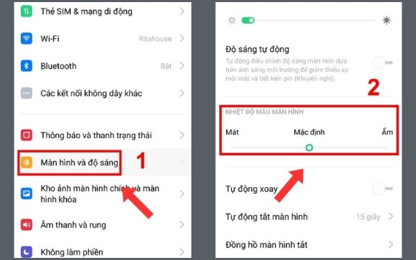 Nhấn vào Màn hình và độ sáng, sau đó tùy chỉnh nhiệt độ màu