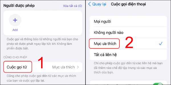 Vào Cho phép cuộc gọi từ, chọn Mục ưa thích
