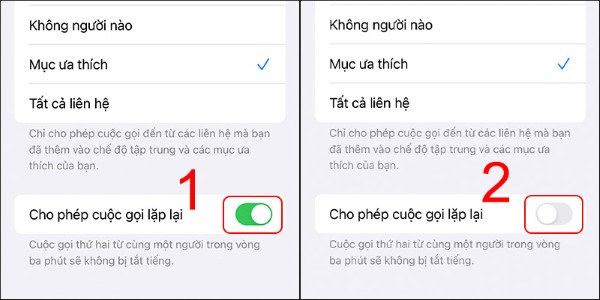 Tìm đến mục Cho phép cuộc gọi lặp lại và gạt công tắc sang trái để tắt