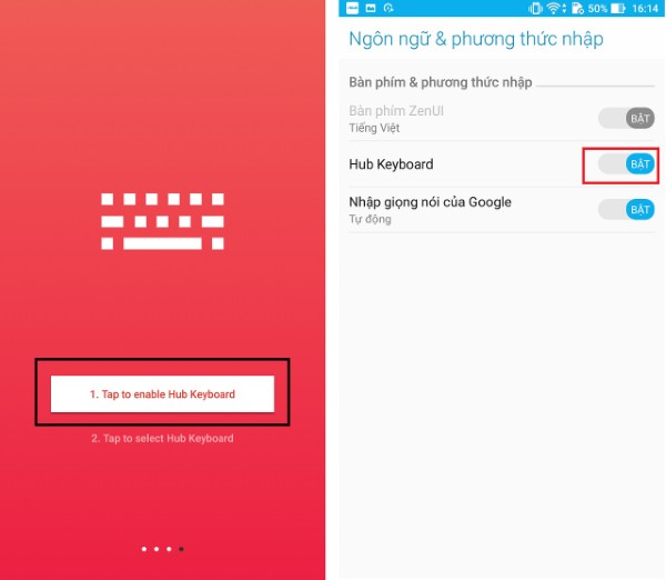 Nhấn vào "Tap to enable Hub Keyboard"