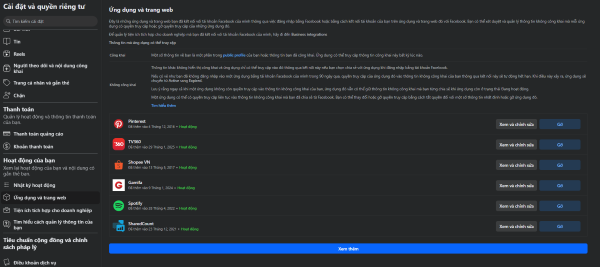 Danh sách tất cả các ứng dụng và trang web đã liên kết với Facebook