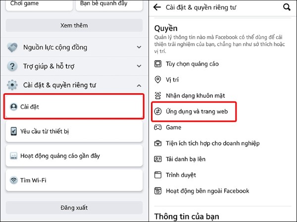 Trong phần Cài đặt, tìm và chọn mục Ứng dụng và Trang web