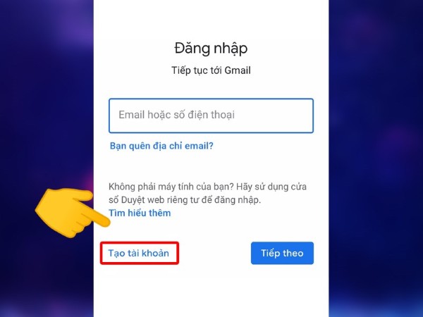 Mở ứng dụng Gmail và chọn Tạo tài khoản