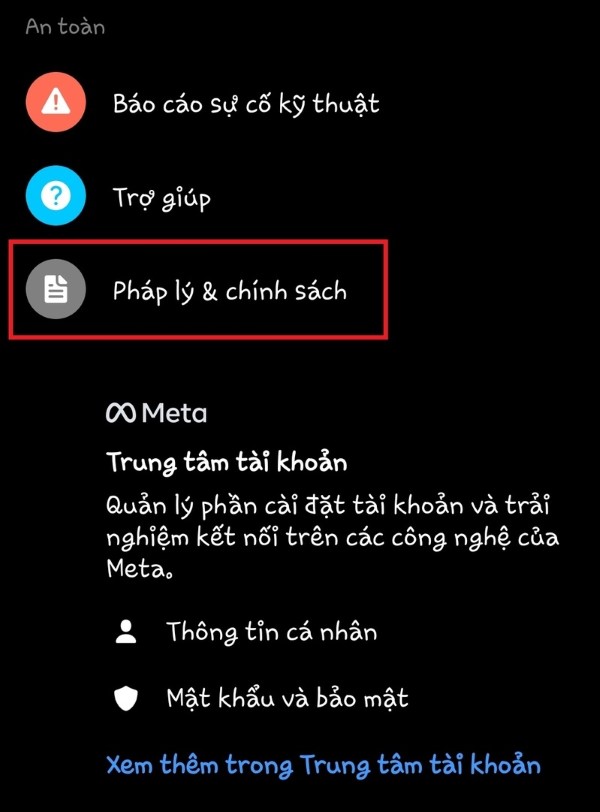 Tìm và chọn mục Pháp lý & chính sách