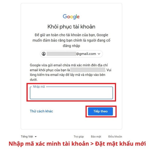 Nhập mã vào ô xác minh và chọn "Tiếp theo"