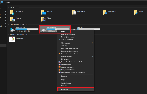 Nhấp chuột phải vào ổ đĩa chứa tệp hoặc thư mục bị lỗi, chọn Properties
