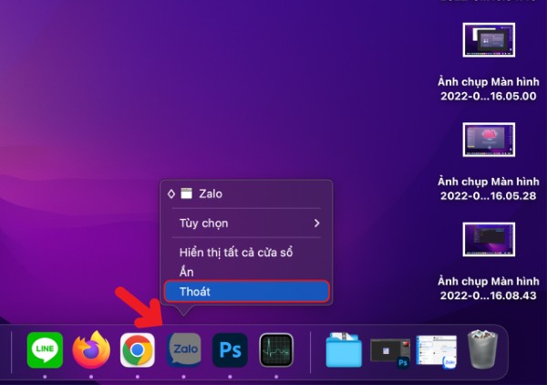 Nhấn chuột phải vào biểu tượng ứng dụng trên Dock và chọn "Thoát" (Quit)