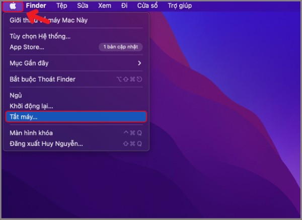 Nhấn vào logo Apple trên thanh menu, chọn Shut Down