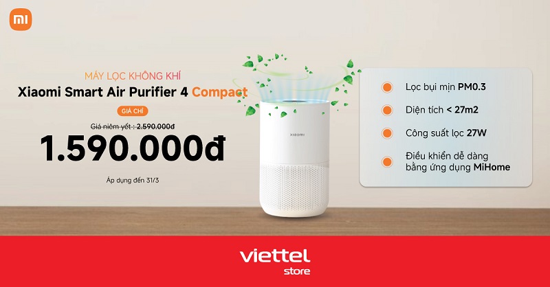 Máy lọc không khí Xiaomi Smart Air Purifier 4 Compact giá giảm chỉ còn 1.590.000đ