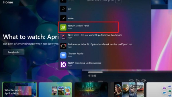 Sử dụng thanh tìm kiếm để nhập từ khóa "NVIDIA Control Panel"