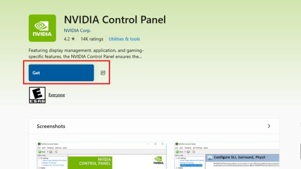 Nhấn vào nút "Get" để tải xuống và cài đặt NVIDIA Control Panel