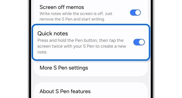 Chọn Quick Notes và bật công tắc