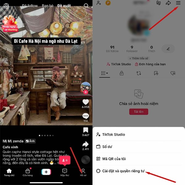 Nhấn biểu tượng ba dấu gạch ngang > Chọn Cài đặt và quyền riêng tư