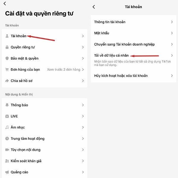 Chọn Tài khoản > Nhấn vào Tải về dữ liệu cá nhân