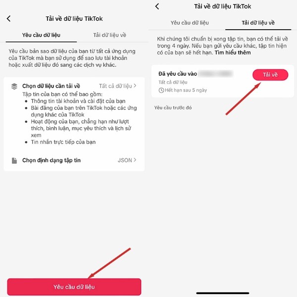 Nhấn mục Yêu cầu dữ liệu > chọn Tải về
