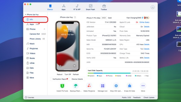 Chức năng Info và iDevice cung cấp thông tin chi tiết về thiết bị iOS