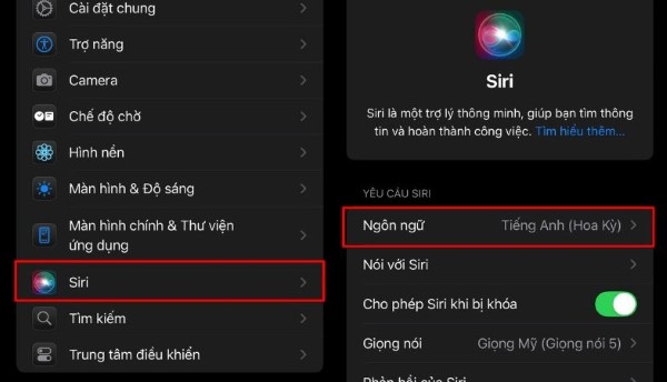 Cài đặt > Chọn Siri > Chọn Ngôn ngữ