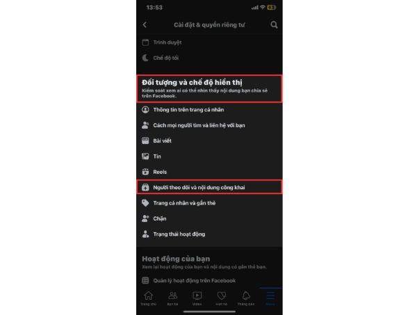 Chọn vào mục Đối tượng và chế độ hiển thị