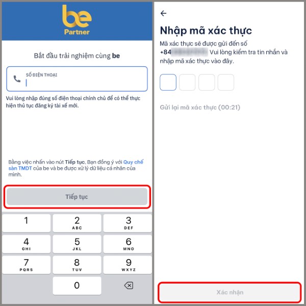 Nhập số điện thoại và xác minh bằng mã OTP