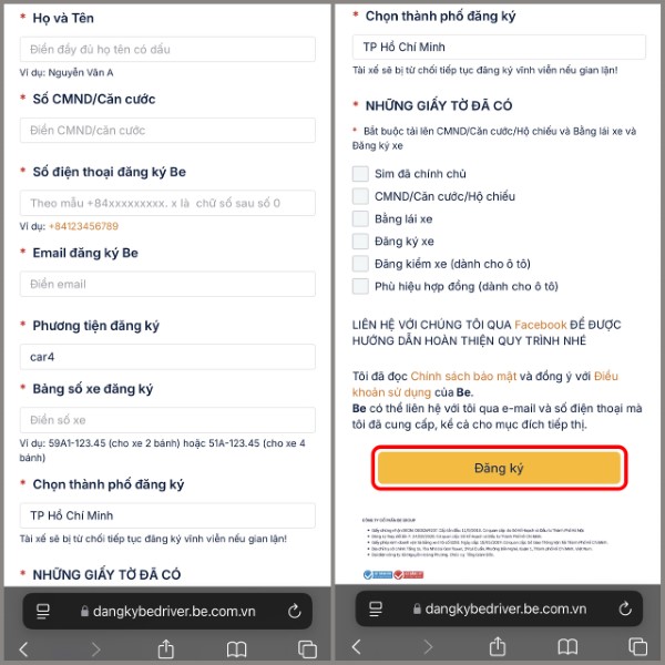 Hoàn tất phần điền thông tin và nhấn Đăng ký