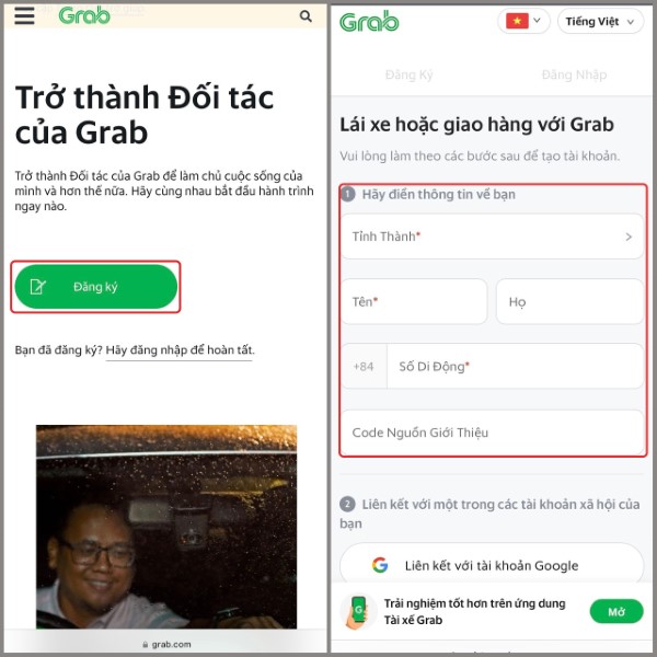 Điền đầy đủ thông tin cá nhân và loại hình dịch vụ tham gia