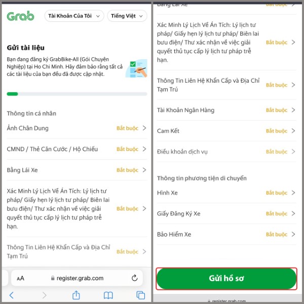 Gửi hồ sơ và đợi thông báo xác nhận từ Grab qua email/SMS