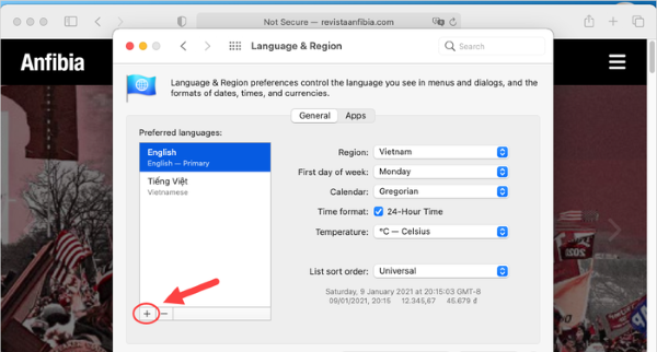 Chọn biểu tượng dấu cộng (+) để thêm ngôn ngữ mới