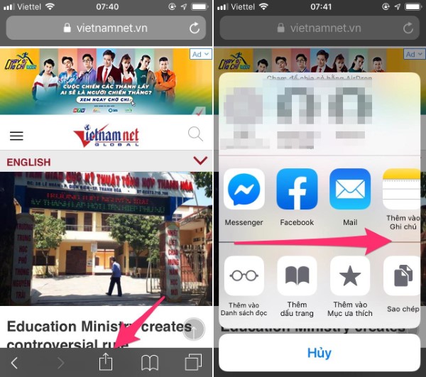 Nhấn vào biểu tượng Chia sẻ (Share)
