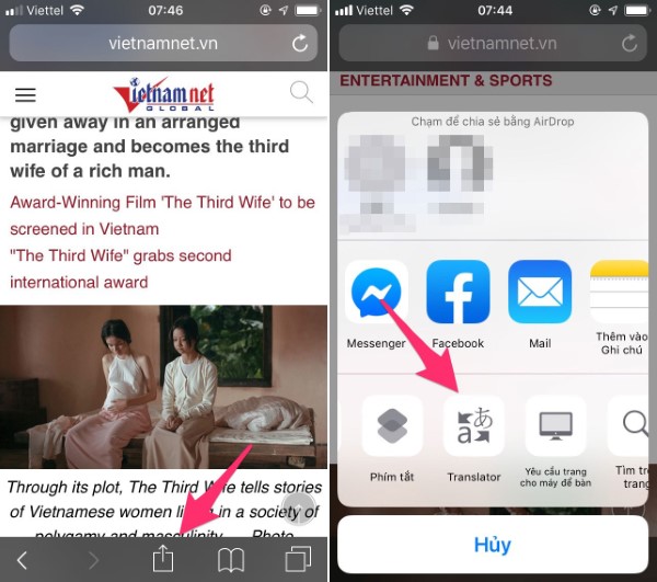 Mở menu chia sẻ và chọn Translator để dịch