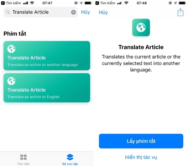 Mở ứng dụng Phím tắt (Shortcuts) rồi gõ "Translate Article"