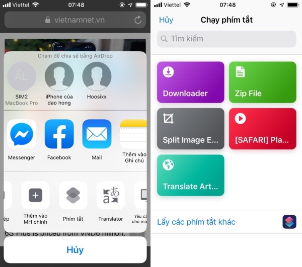 Nhấn nút Chia sẻ (Share) và chọn Shortcuts (Phím tắt)