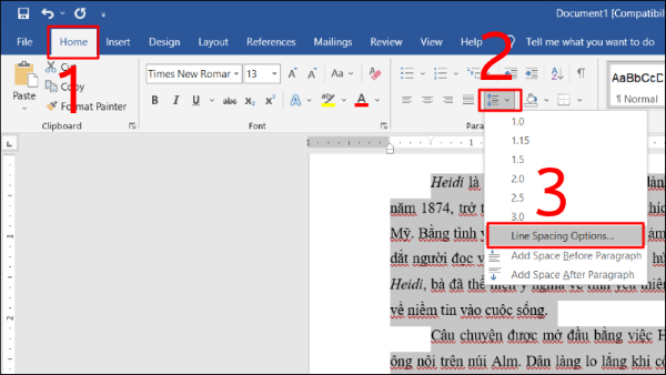 Nhấn vào biểu tượng giãn dòng trong mục Paragraph