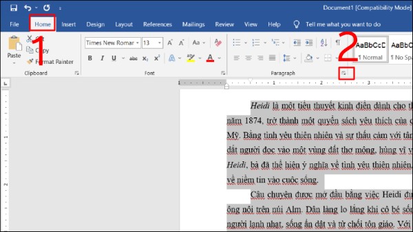 Nhấn vào mũi tên nhỏ tại góc dưới bên phải mục Paragraph