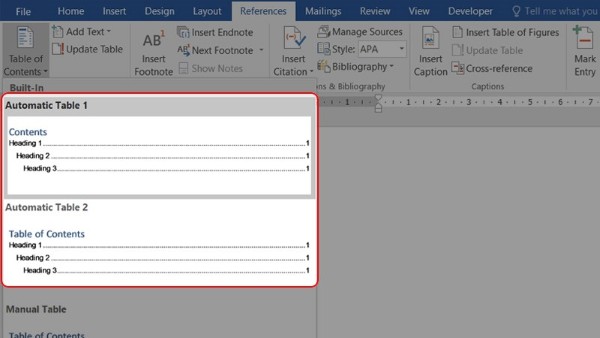 Chọn mẫu mục lục tự động mong muốn
