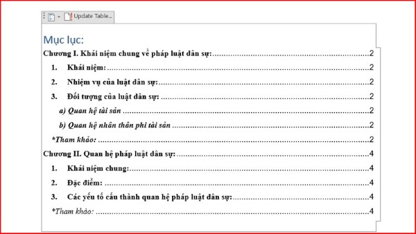 Mục lục tự động được tạo và hiển thị trong tài liệu