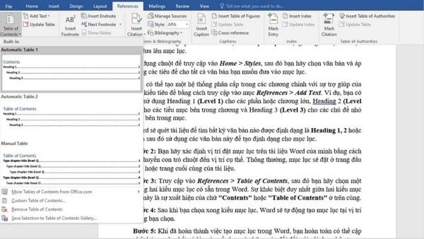 Chọn vị trí và kiểu mục lục muốn chèn trong tài liệu