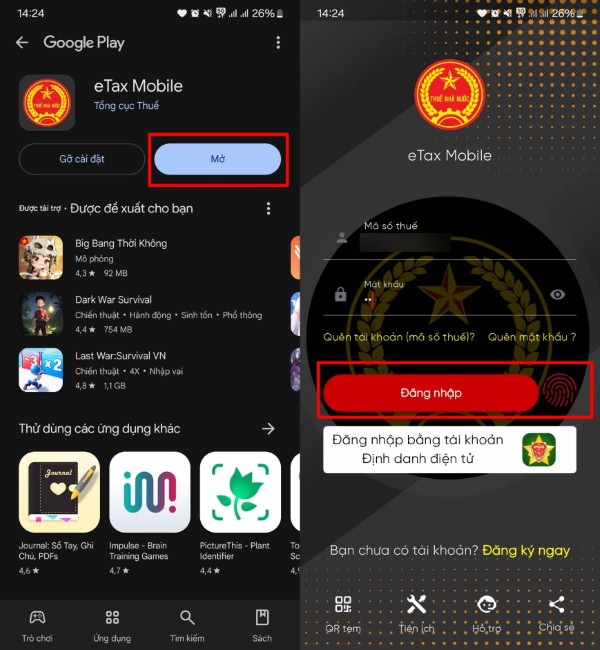 Mở ứng dụng eTax Mobile và đăng nhập trên điện thoại