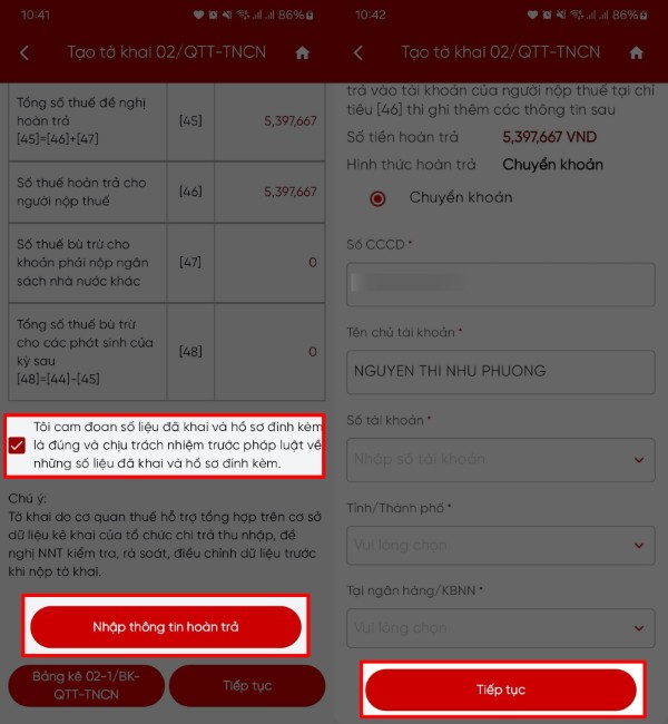 Nhập thông tin của tài khoản ngân hàng nhận quyết toán