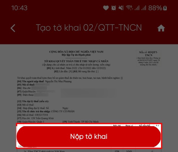 Nhấn Tạo tờ khai và Nộp tờ khai