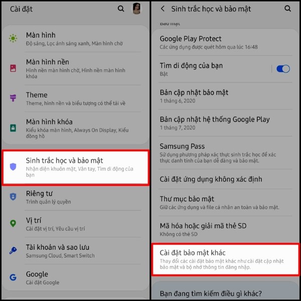 Chọn Sinh trắc học và bảo mật > Cài đặt bảo mật khác